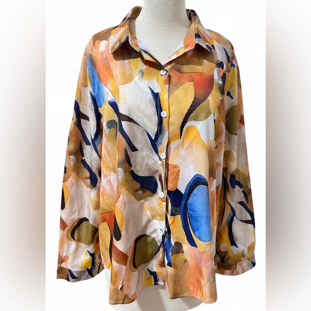 Geometric Print Button Down Shirt Women's XXL Long Sleeve Colorful Casual Top